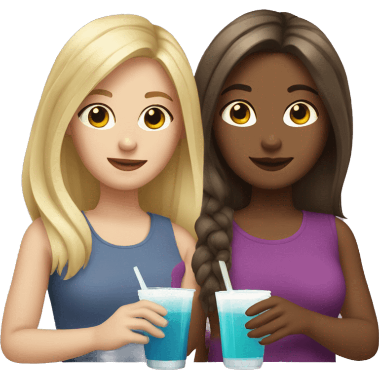 Blonde hair girl with brown hair girl holding drinks emoji