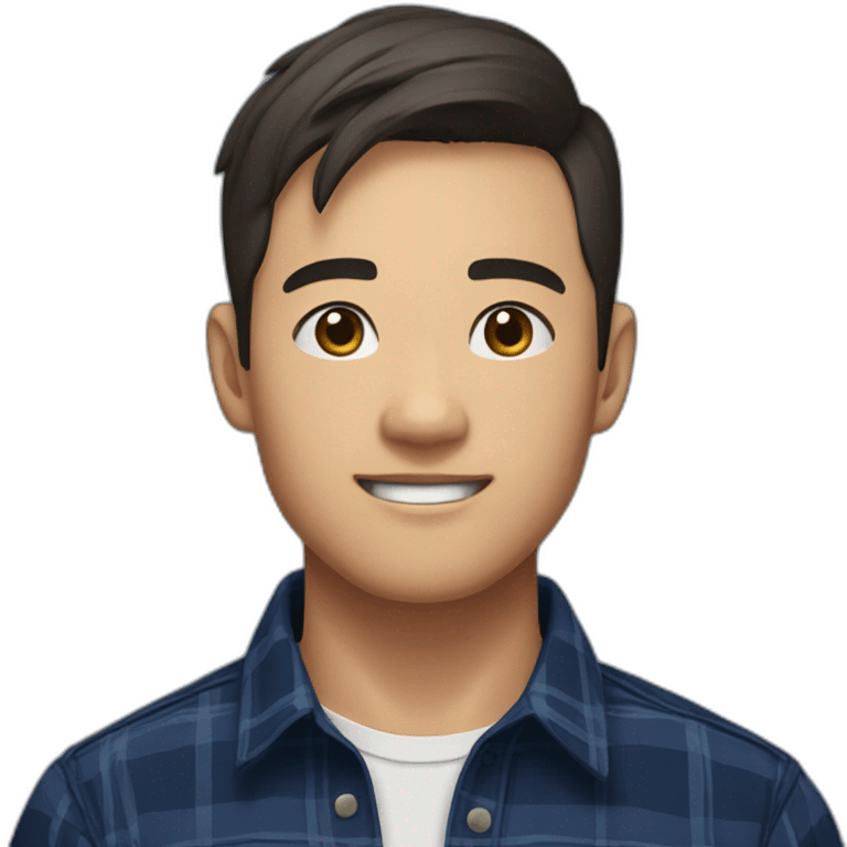 A asian young man with no beard,  short brown hair, exuding confidence, clad in a navy blue checked flannel shirt. emoji