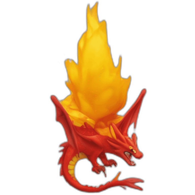 Un dragon mi loup rouge et jaune moutardes, avec des corne jaune moutard. Il qui crache du feux emoji