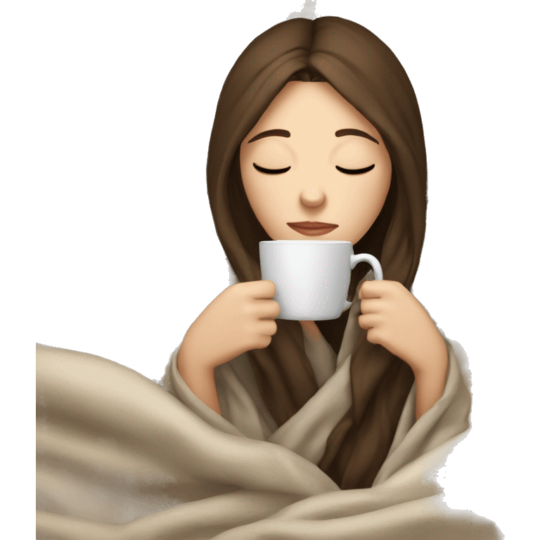 pale brunette girl inside a blanket sipping coffee eyes closed emoji