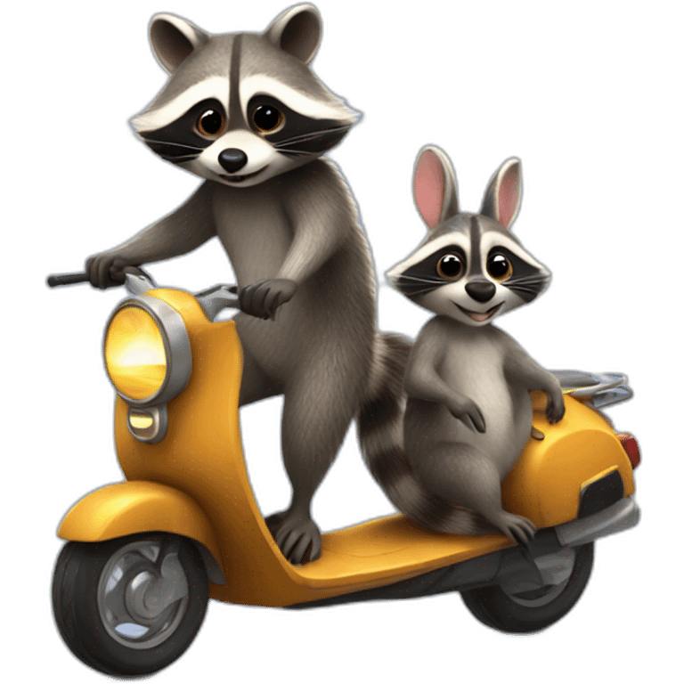 raccoon giving a ride to bunny both on a scooter emoji