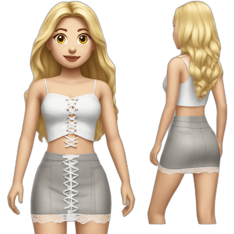 hyperrealistic caucasian female, long straight blonde hair, white lace-up crop top and grey plain tight mini skirt emoji