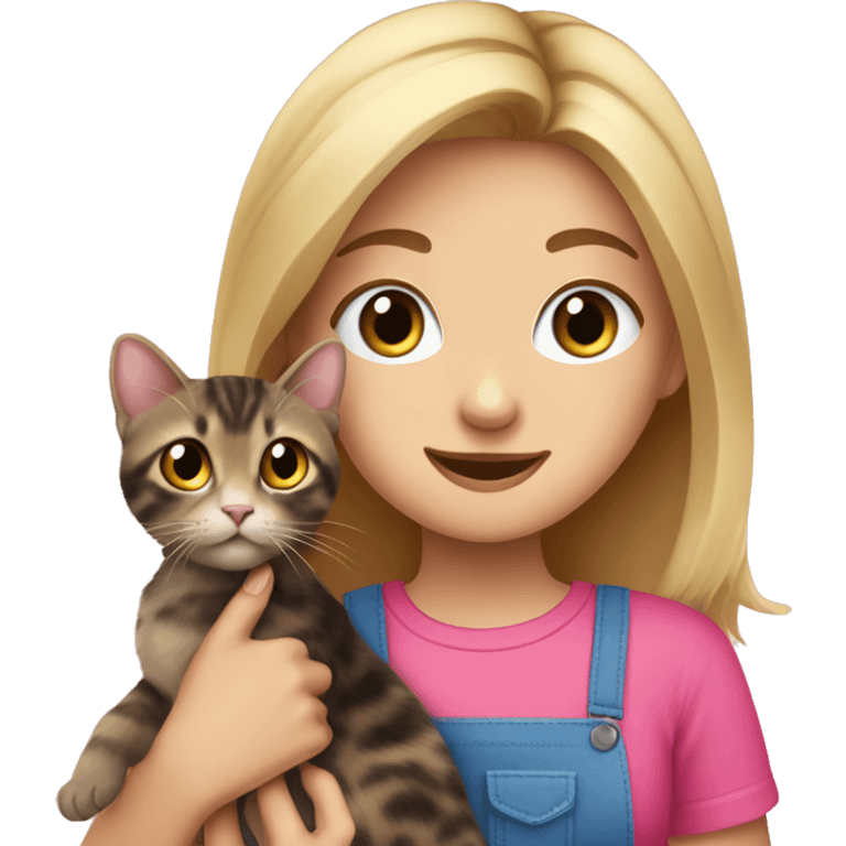 dirty blonde haired girl with blue eyes holding tortoiseshell cat wearing pink shirt emoji