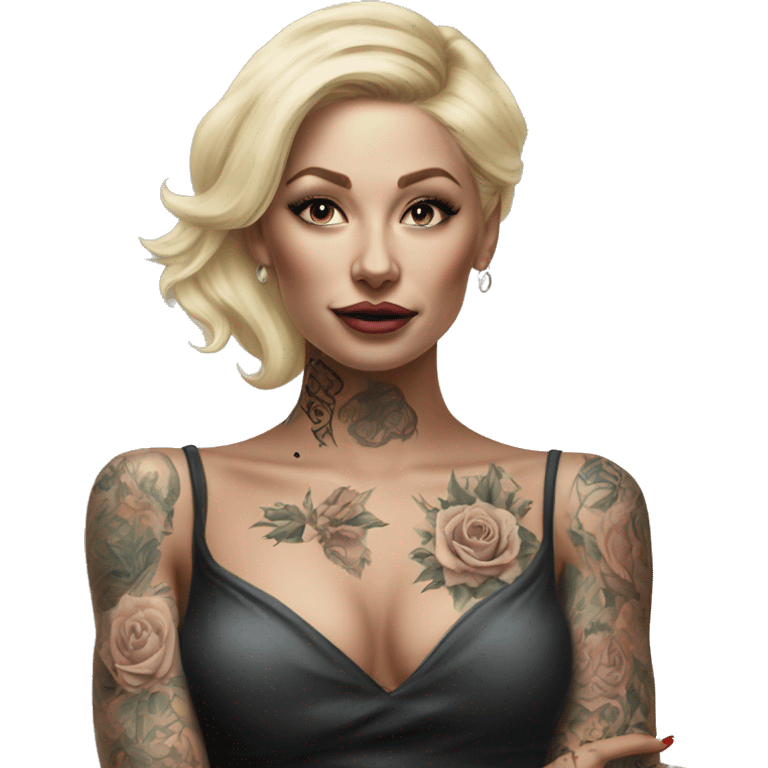 Blonde elegant women, her Body Covered with Tattoos, POINTING YOU with her HAND , Hyper realistic emoji