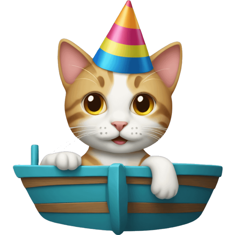 cat wearing a birthday hat on a boat emoji