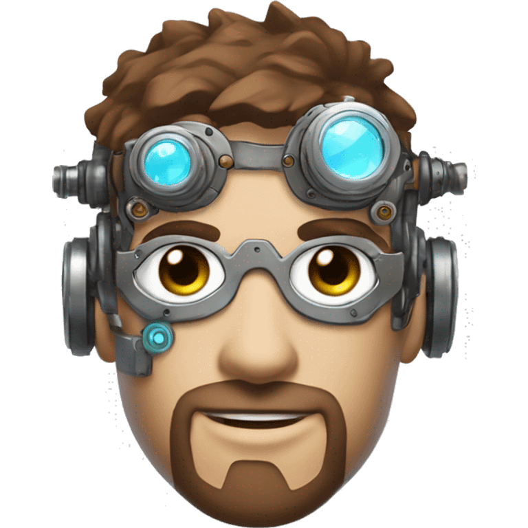 male cyborg head with brown short hair, brown beard, silver steampunk goggles and circuitry emoji