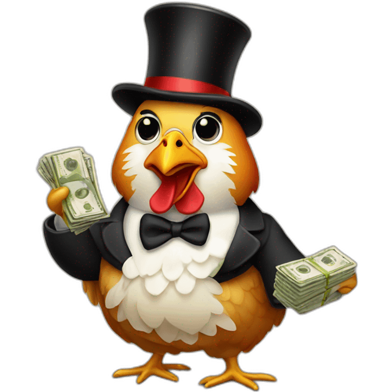 chicken smoking cigar wearing top hat holding money bag emoji