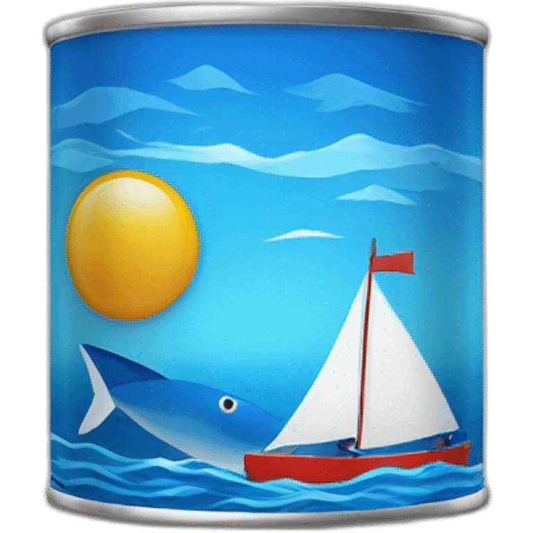 Realistic small can of tuna showing a blue sailling boat on a sea background emoji