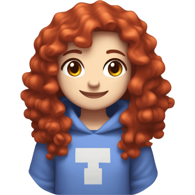 a white girl with long red curly hair and freckles, wearing periwinkle Minecraft hoodie playing a videogame smiling emoji