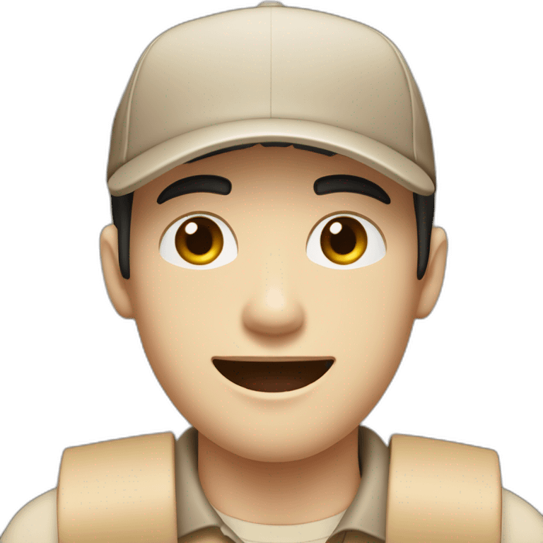 Pale skinned fit Man with black hair in a brown cap and beige polo T-shirt keeping a pasted box into his hands emoji