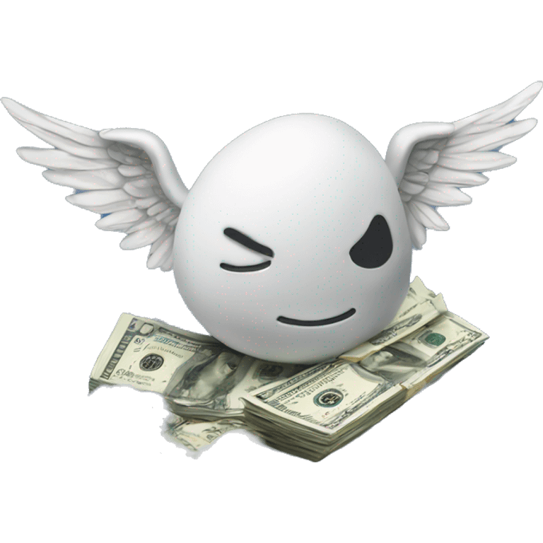 A wad of dollars with wings lies on a cloud emoji