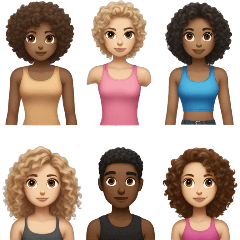 Light skin girl curly hair and pink tank top with tan girl with curly hair but more wavy brown hair blue eyes and a black top emoji