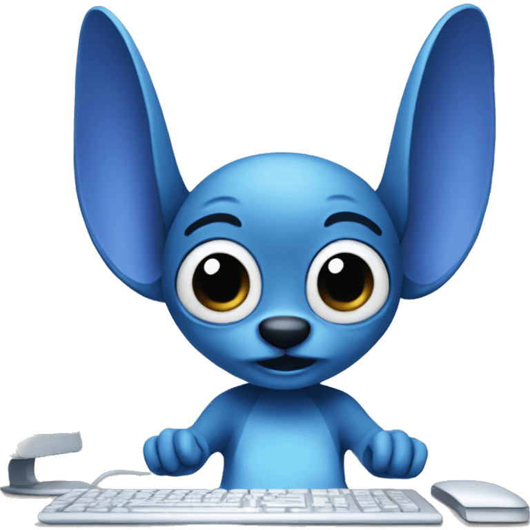 A blue stitch with big ears working on a computer emoji