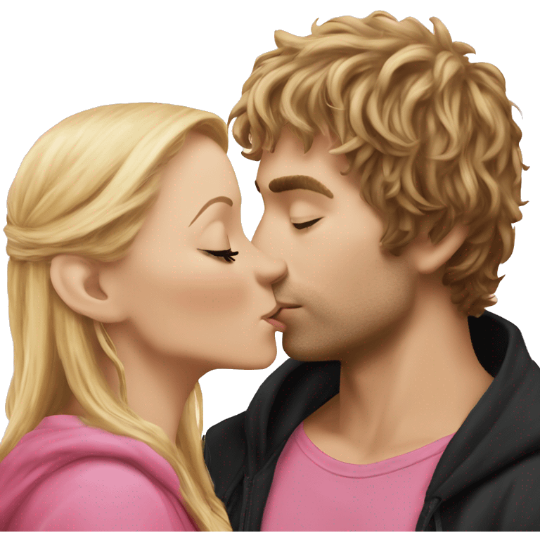 Pippin-hobbit wearing black hoodie passionately kissing pretty blonde woman wearing pink top emoji