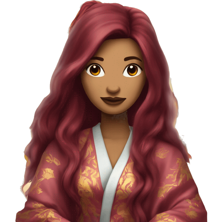 Beautiful tattooed burgundy long haired woman in silk robe emoji