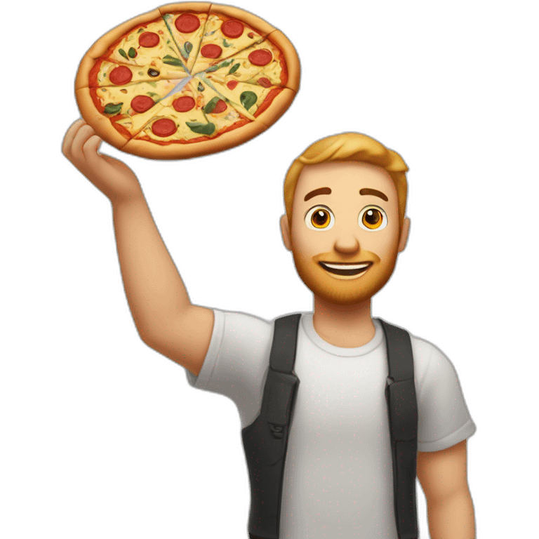 "White man with a tattoo and a pizza in his hands, arms out to the sides, 'why us?'" emoji