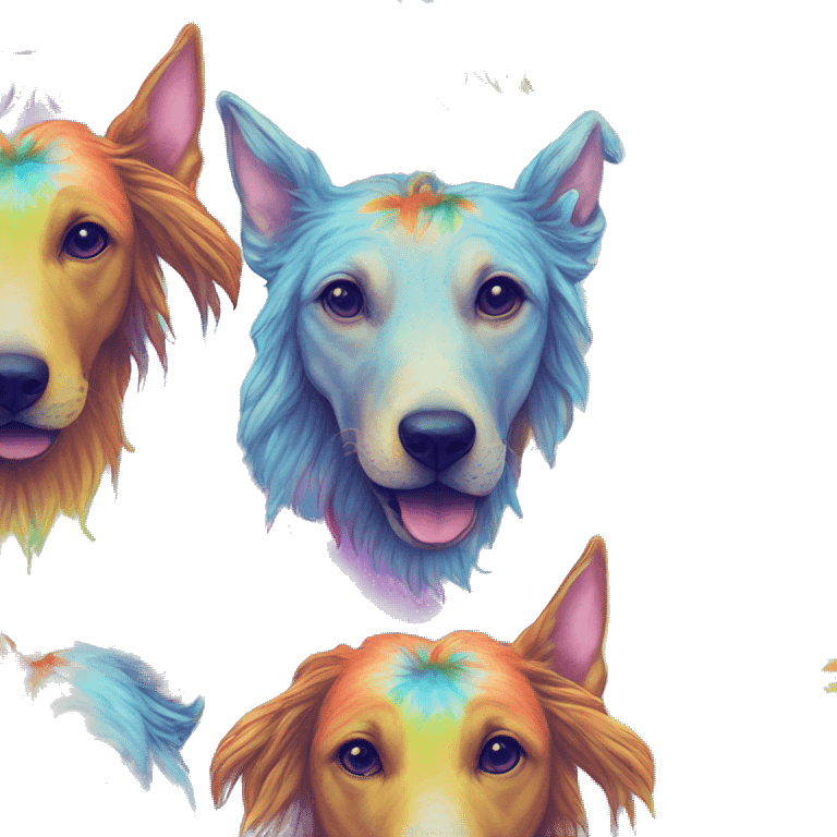 Multicolored rainbow retro groovy tie dye hippie trippy floral patterns on a metallic holographic iridescent blue dog face head unicorn emoji