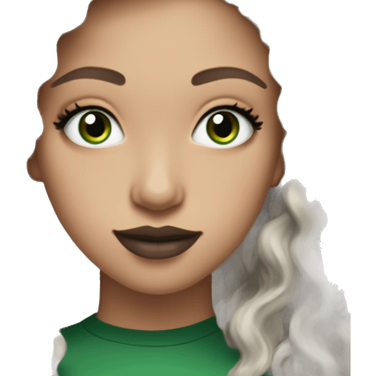 white 25-year-old pretty girl with very green eyes and black long curly hair, cute earrings, and green v-neck top, and mascara and mauve lipstick emoji