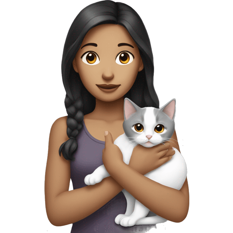 A dark-haired girl is holding a gray white kitten emoji