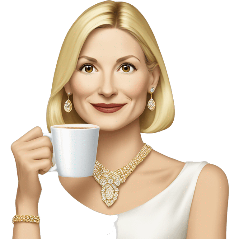 Kelly Rutherford with jewellery wearing drinking cappucino bob carre emoji