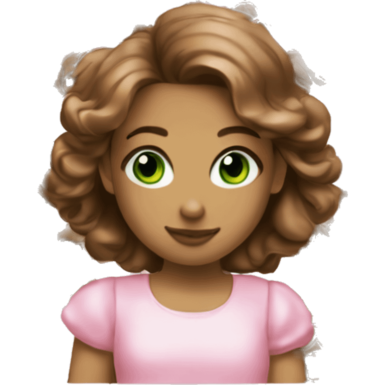 green doll eyes, brown hair with 90’s blowout, feminine, pink, girl, angelic emoji