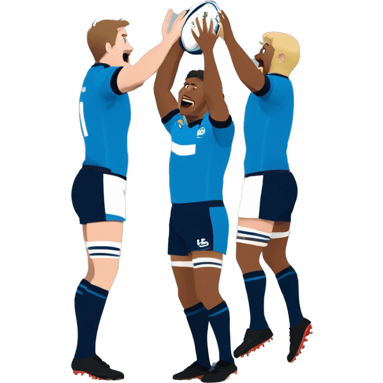 two rugby players lifting another player to catch a ball in a lineout, all players wearing blue kit emoji