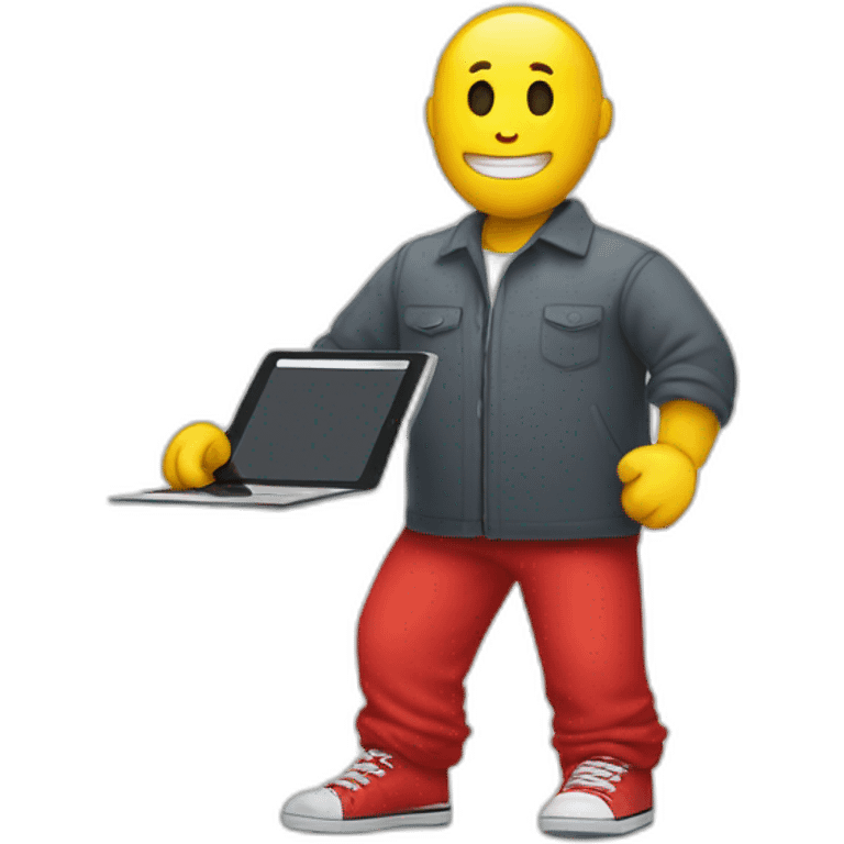 yellow man wearing red shoes holding an ipad emoji