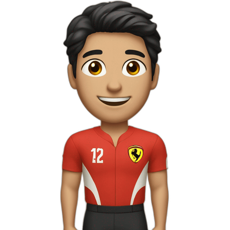 A smiling white teen with a long face in red Ferrari jersey with very short black hair and light green eyes and dig cheeks emoji