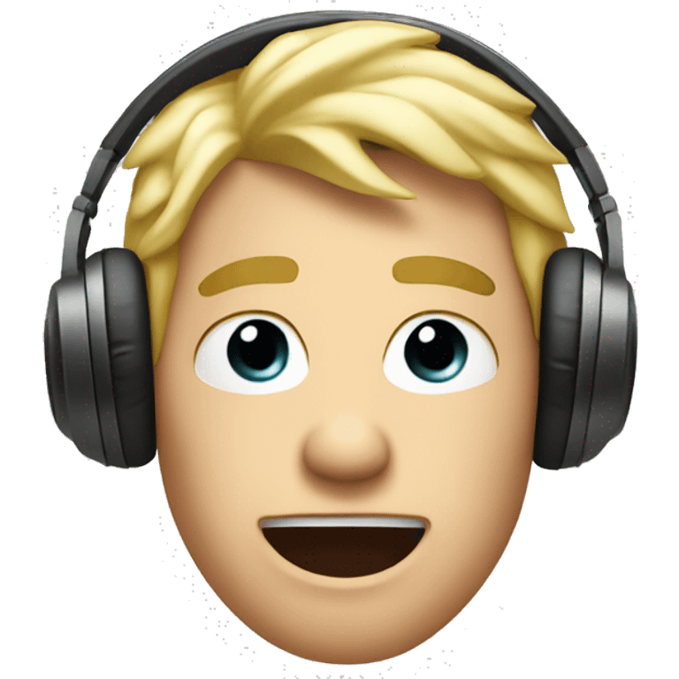 a blonde man listening o music with a surprised face emoji