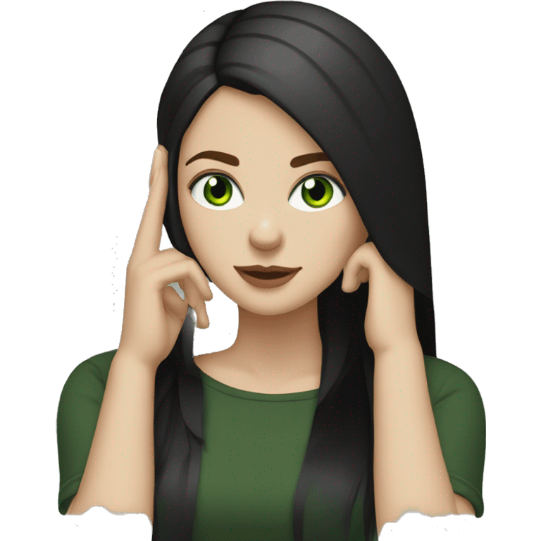 White  girl with dark straight hair green eyes, black clothes, listening to music  emoji