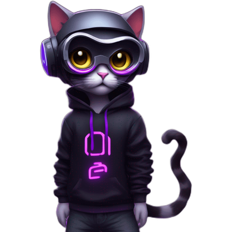 cat wearing a black hoodie with "OMG" letters on it and VR headset in a cyberpunk VR environment with violet neon lighting. emoji