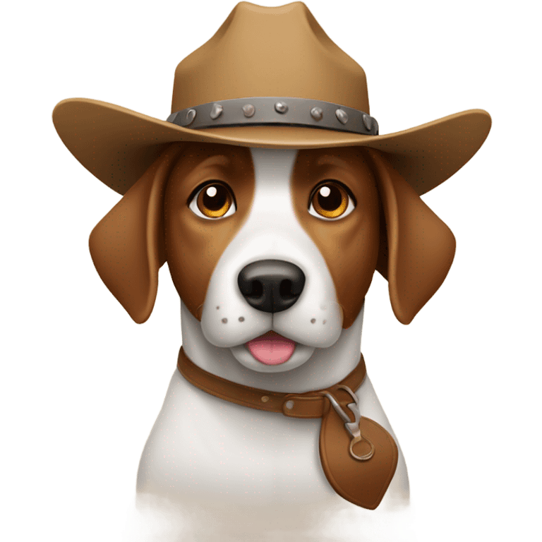 A white and brown dog with a cowboy hat  emoji