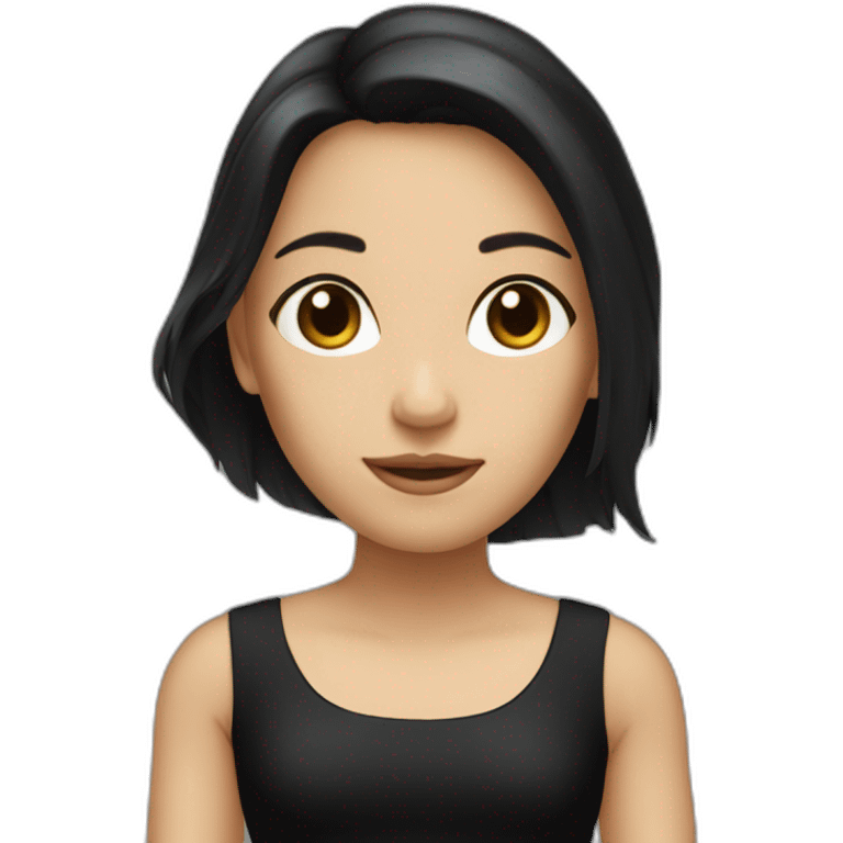 The girl has long and black hair, and her skin is white, wearing a matching black dress emoji