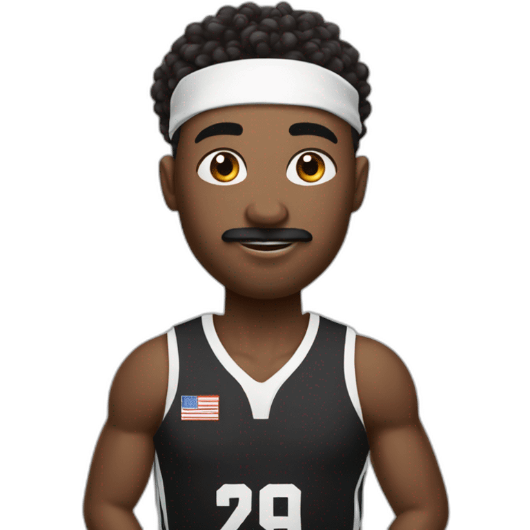 black basketball player with moustache holding the notebook wearing black and white jersey curly hair and handband emoji