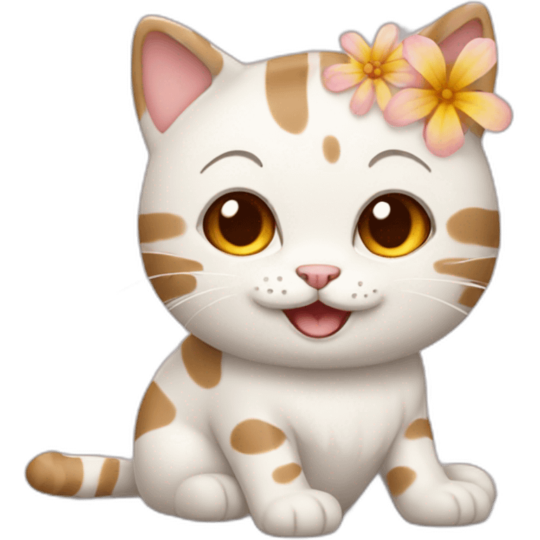 A while and cream cat with short wavy brown hair and spring flowers on its hair that laugh emoji