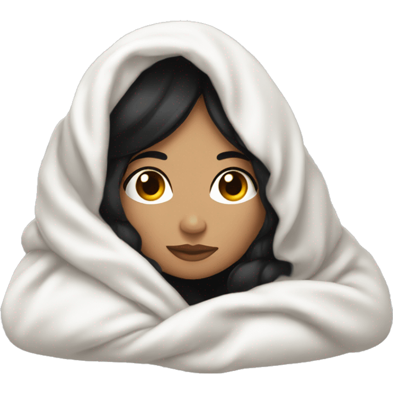 Woman with black hair  laying down cozy in a white blanket  emoji