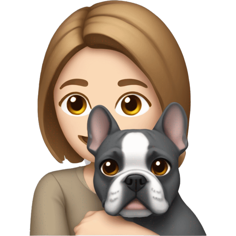 light brown hair woman hugging a dark gray french bulldog emoji