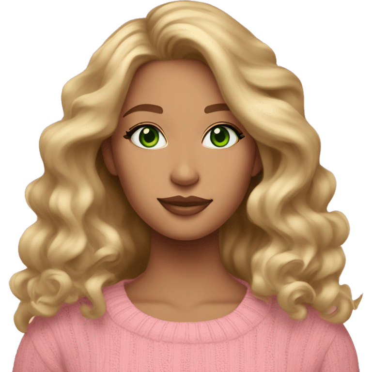 Dark blonde girl tan skin pink sweater pink makeup green eyes gold earrings pink nails wavy long hair full body emoji