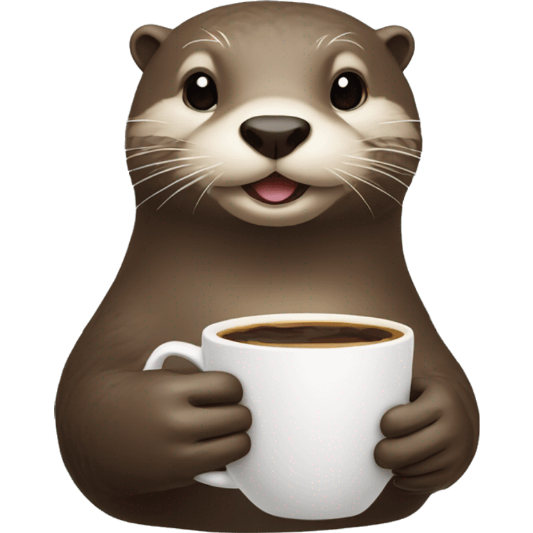 otter holding a cup of coffee in one hand and croissant in another.   emoji