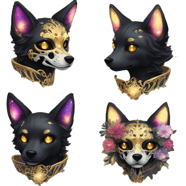 Black iridescent dog fox zombie skeleton gold mechanical nebula galaxy stars flowers fairy lights vintage emoji