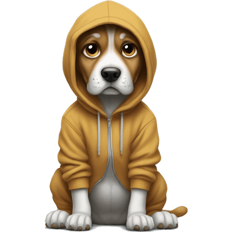 Dog wearing hoddie Nike shoes and sad emoji