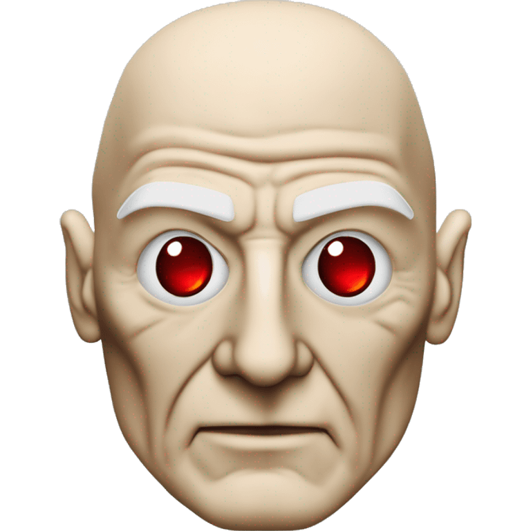 Jean luc picard from Star Trek assimilated by the Borg, with mechanical metal covering the left side of his face with a red glass lens over the left eye. His right eye looks like a normal human eye and is dark blue. emoji