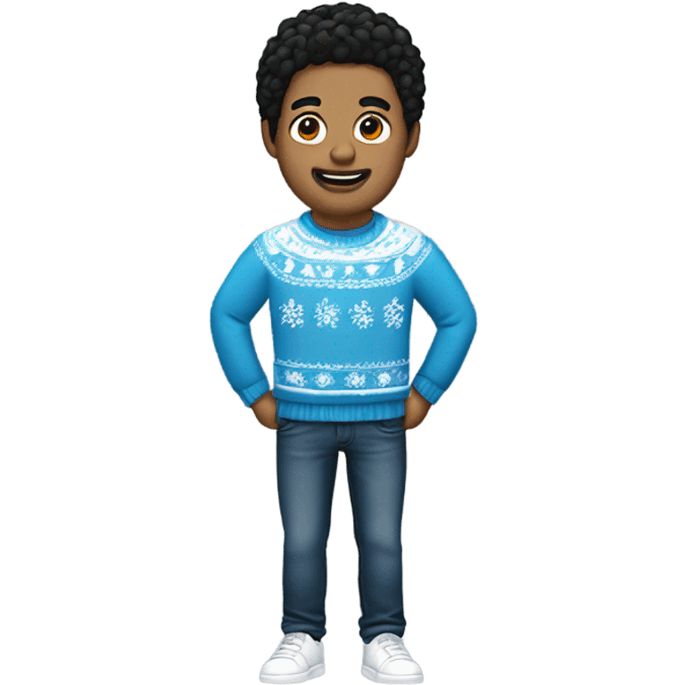 white man with black hair, wearing christmas jumper with white details with blue jeans and black sneak emoji