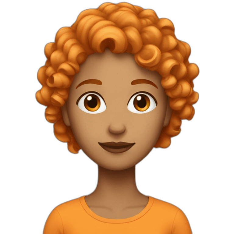 Woman wearing make that is tan and has very short orange curly hair emoji