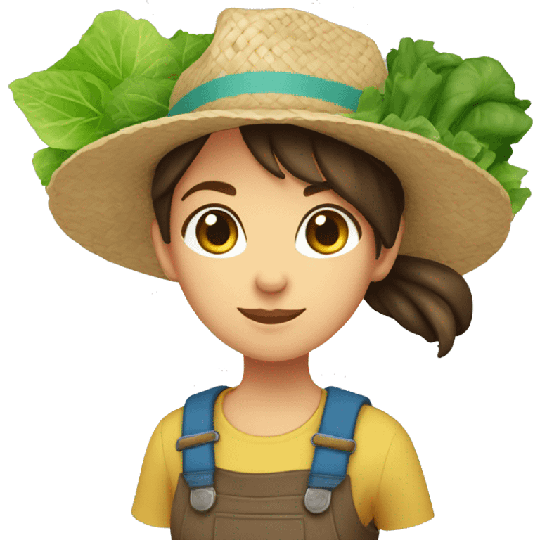 farmer girl, light blue eyes, dark brown hair, with a straw hat, ponytail, holding greens in hand emoji