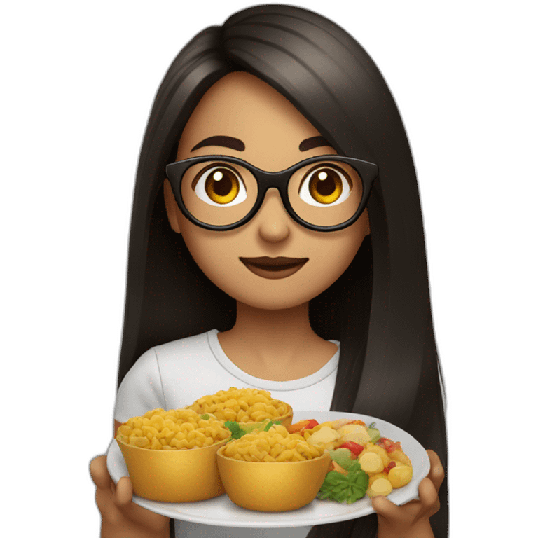 girl with bro2n long straight hair and black round glasses with food in hands emoji