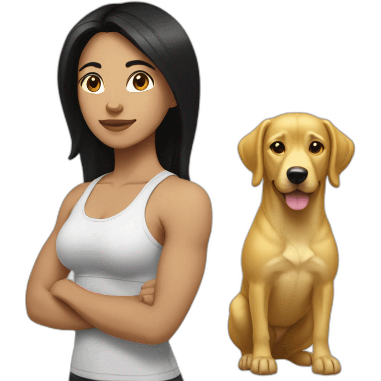 crossfit woman with black hair, white and doing lowering And a golden dog at her side emoji