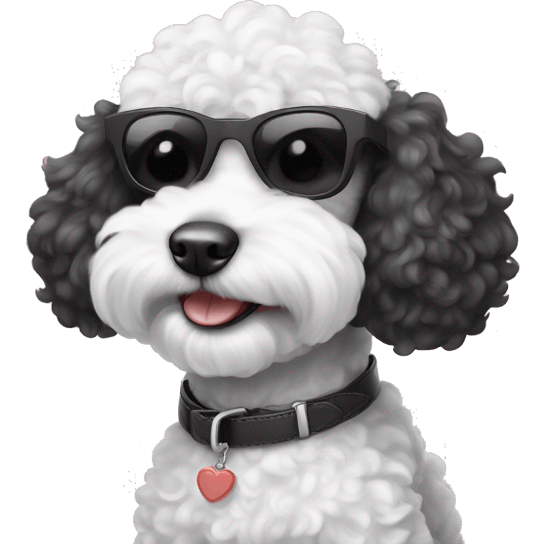 Black and white poodle puppy wearing sunglasses and smiling emoji