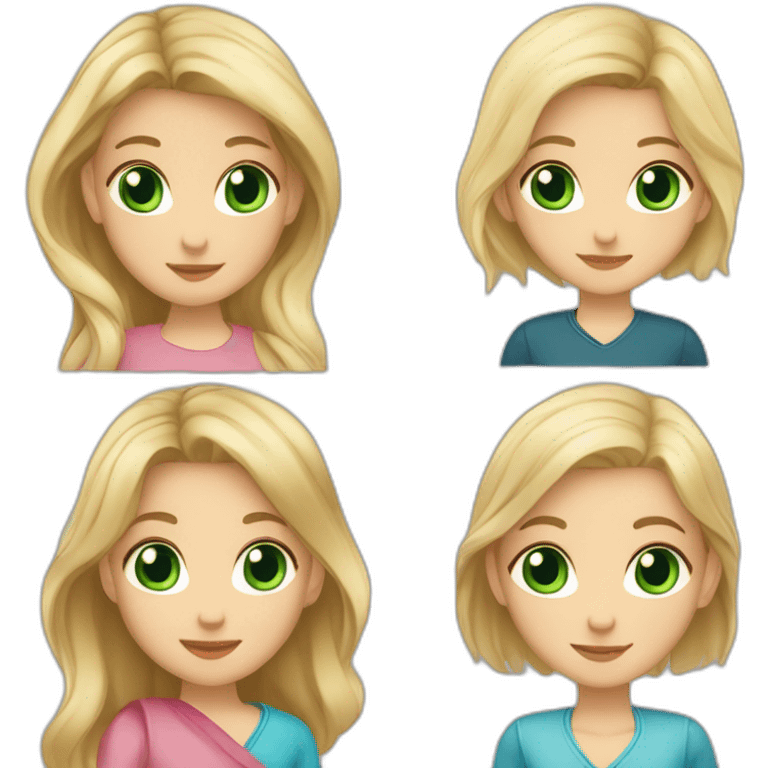 a girl with medium length blonde hair and blue eyes, a swarthy girl with medium length dark brown hair and dark eyes, a girl with long blonde hair and green eyes are hugging emoji