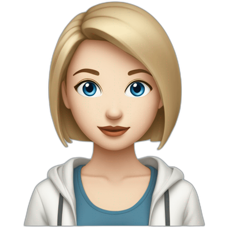 beautiful girl with computer,blue eyes,beautiful girl with short hair with computer,blue eyes,white skin, makeup, hoodie,short light-brown hair,code in background emoji